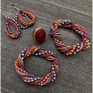 Matching Jewelry Set Seed Bead Teardrop Earrings Loop Bracelet & Red Oval Ring